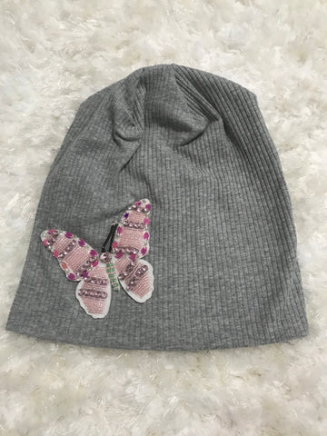 Light Gray Ribbed Beanie - Large Colorful Butterfly