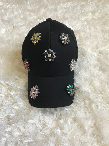 Ricki - Colorful Crystal Flower Black Cotton Cap