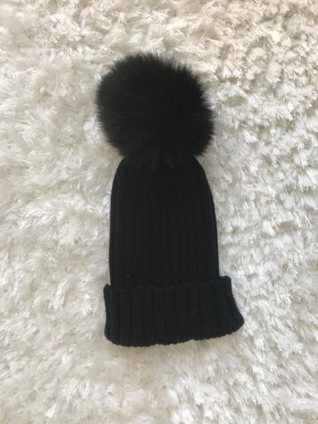 Cable Knit Black Hat - Black Pom