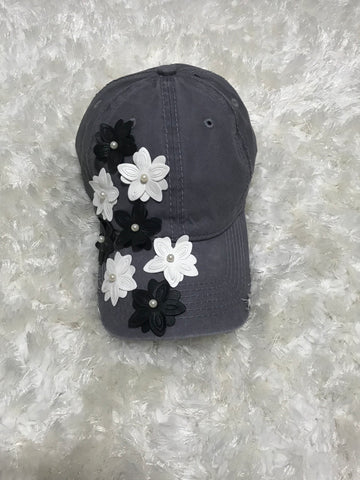 Veronica - Leather Flowers on our Gray Vintage Cap