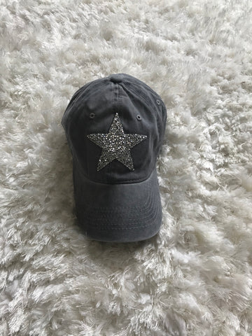 Silver Rhinestone Star - Light Gray Vintage Cap