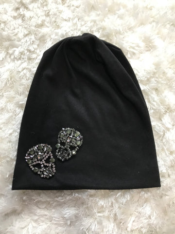 Black Crystal Gems Skull - Black Jersey Cotton Beanie