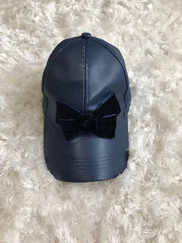 Velour Bow - Rustic Navy Leather Cap