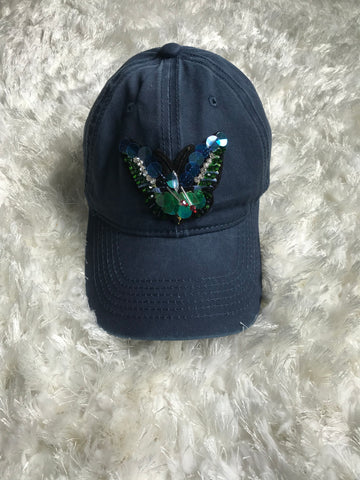 Colorful Rhinestone Butterfly - Vintage Blue Cap