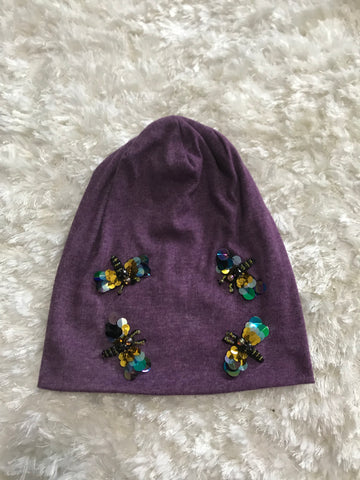 Emily - Heather Purple Butterfly Sequin Beanie