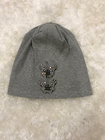 Light Gray Ribbed Crystal Butterfly Beanie