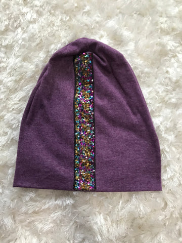 Rainbow Glitter Stripe - Purple Jersey Cotton Beanie