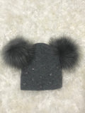 Dark Gray Baby Wool Double Pom Pom Hat with Gems
