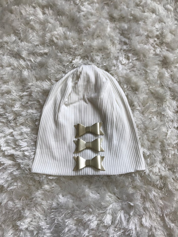 Cotton Ribbed Beanie - Gold Leather Bows