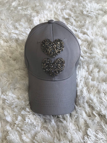 Rhinestone Hearts - Gray Cotton Cap