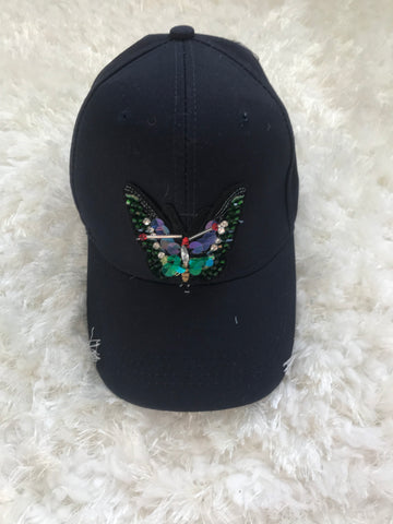 Colorful Rhinestone Butterfly - Navy Cotton Cap