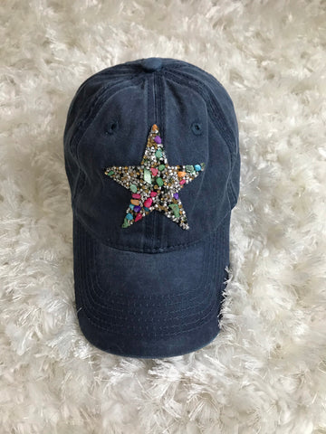 Colorful Rhinestone Star - Vintage Blue Cap