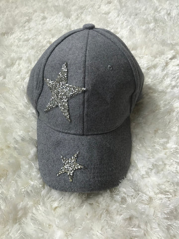 Silver Rhinestone Star - Light Gray Wool Cap