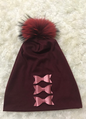 Maroon - 3 Leather Bows Beanie