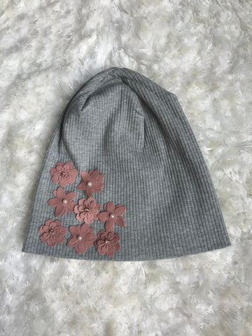 Light Gray Ribbed Beanie with Pink Veronica Flowers