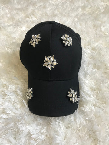Ricki - Clear Crystal Flower Black Cotton Cap