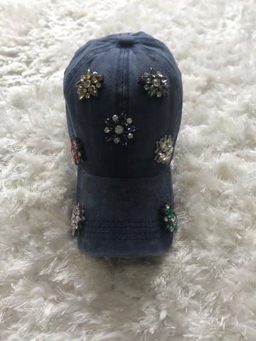 Ricki - Colorful Crystal Flower Blue Vintage Cap