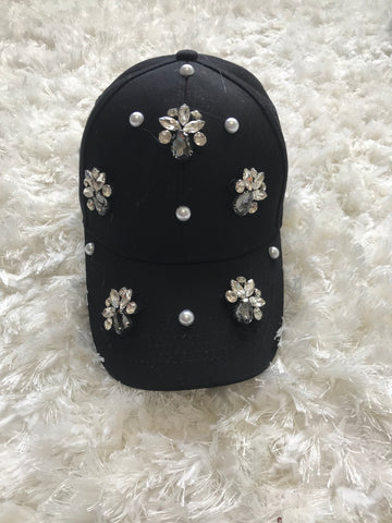 Eilene - Pearl + Crystal Bead Design on Black Cotton Baseball Cap