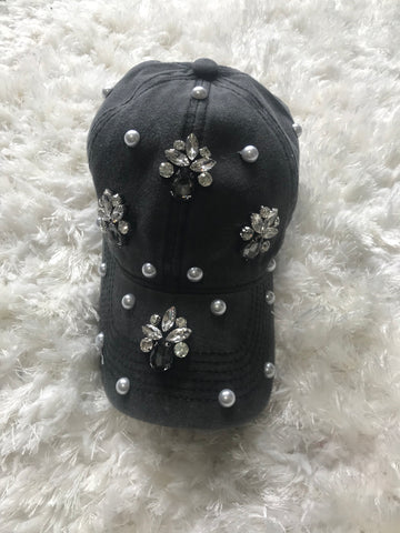 Eilene - Pearl + Graphite Crystal Bead Design on Vintage Black Cap